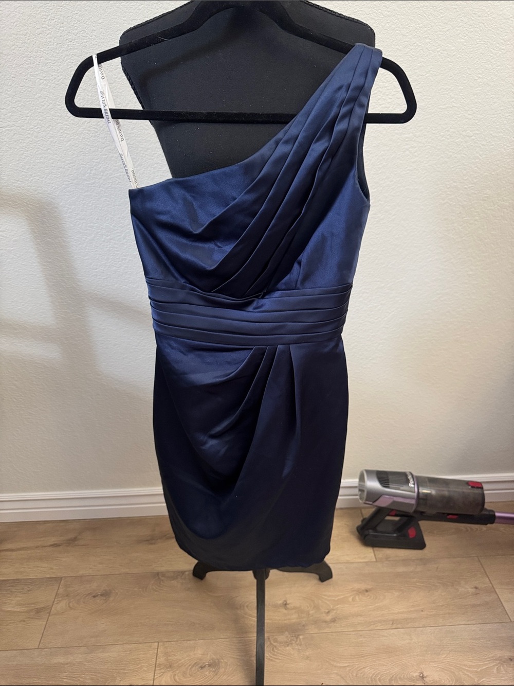 David's Bridal Navy One-Shoulder Draped Cocktail Dress